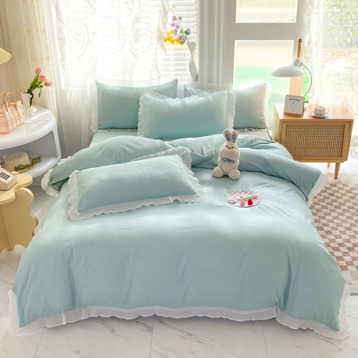 91家纺网 家纺一手货源 找家纺 慕澄家纺 2022新款华夫格雪纺花边四件套 湖水绿