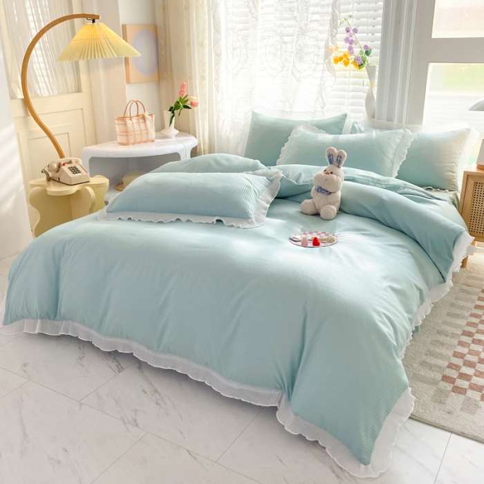 91家纺网 家纺一手货源 找家纺 慕澄家纺 2022新款华夫格雪纺花边四件套 湖水绿