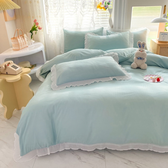 91家纺网 家纺一手货源 找家纺 慕澄家纺 2022新款华夫格雪纺花边四件套 湖水绿