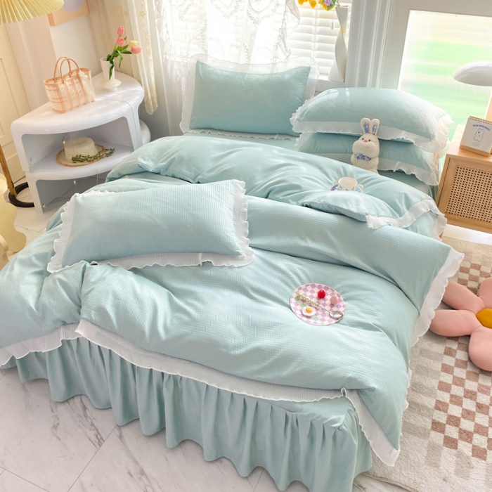 91家纺网 家纺一手货源 找家纺 慕澄家纺 2022新款华夫格雪纺花边四件套 湖水绿