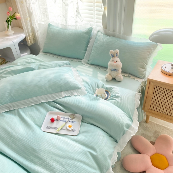 91家纺网 家纺一手货源 找家纺 慕澄家纺 2022新款华夫格雪纺花边四件套 湖水绿