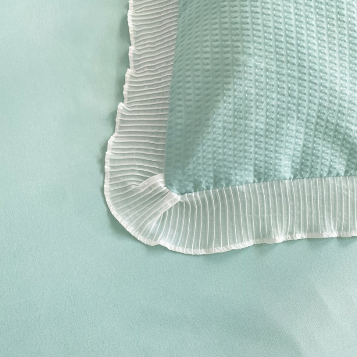 91家纺网 家纺一手货源 找家纺 慕澄家纺 2022新款华夫格雪纺花边四件套 湖水绿