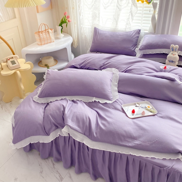 91家纺网 家纺一手货源 找家纺 慕澄家纺 2022新款华夫格雪纺花边四件套 魅惑紫