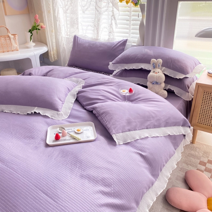 91家纺网 家纺一手货源 找家纺 慕澄家纺 2022新款华夫格雪纺花边四件套 魅惑紫