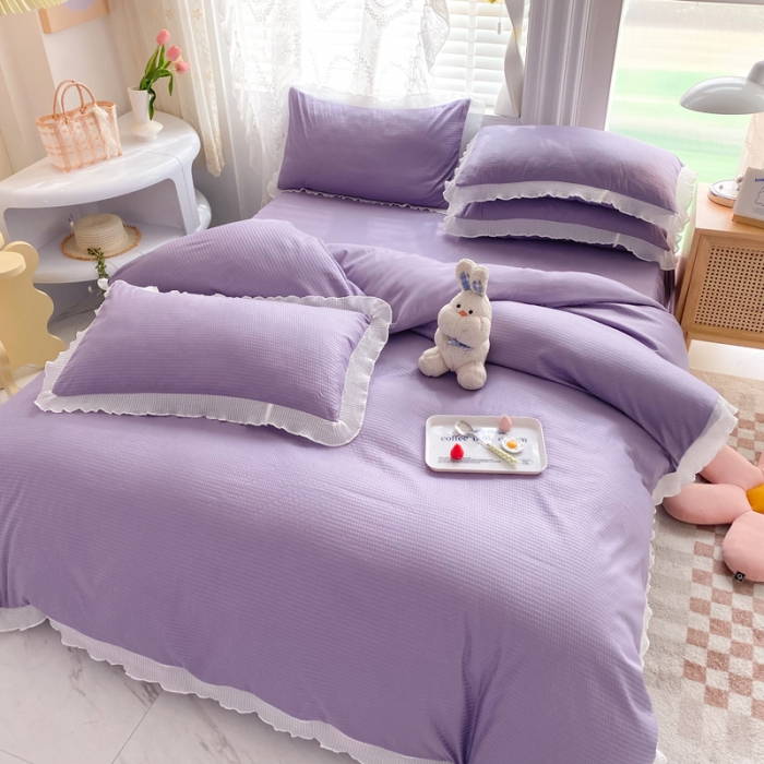 91家纺网 家纺一手货源 找家纺 慕澄家纺 2022新款华夫格雪纺花边四件套 魅惑紫