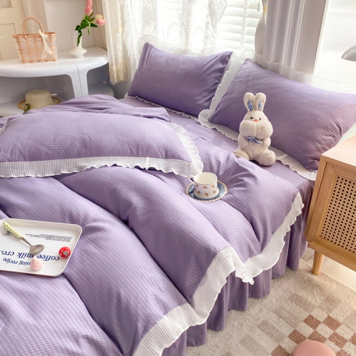 91家纺网 家纺一手货源 找家纺 慕澄家纺 2022新款华夫格雪纺花边四件套 魅惑紫