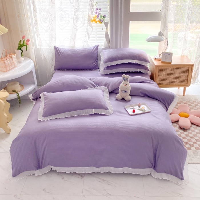 91家纺网 家纺一手货源 找家纺 慕澄家纺 2022新款华夫格雪纺花边四件套 魅惑紫