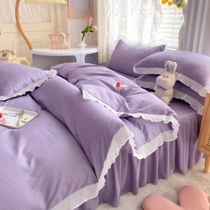 91家纺网 家纺一手货源 找家纺 慕澄家纺 2022新款华夫格雪纺花边四件套 魅惑紫