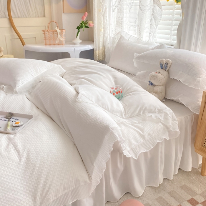 91家纺网 家纺一手货源 找家纺 慕澄家纺 2022新款华夫格雪纺花边四件套 奶白色