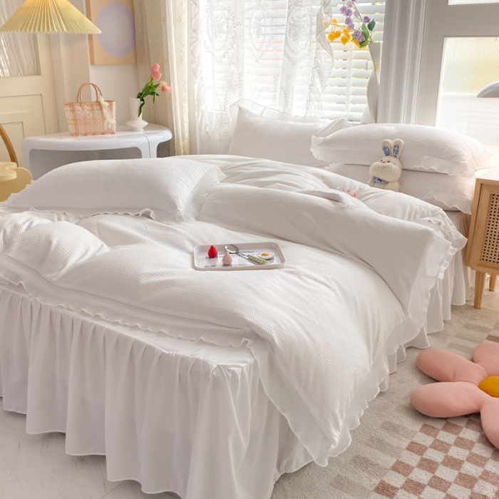 91家纺网 家纺一手货源 找家纺 慕澄家纺 2022新款华夫格雪纺花边四件套 奶白色