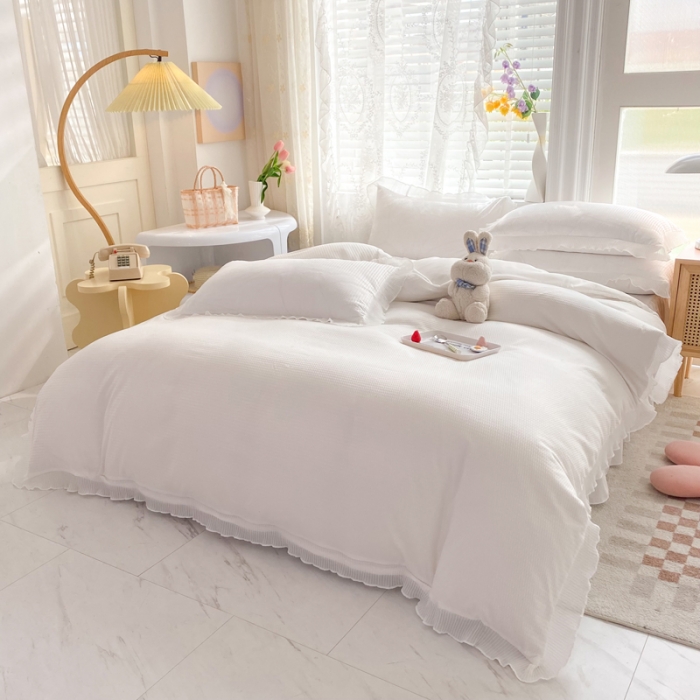 91家纺网 家纺一手货源 找家纺 慕澄家纺 2022新款华夫格雪纺花边四件套 奶白色