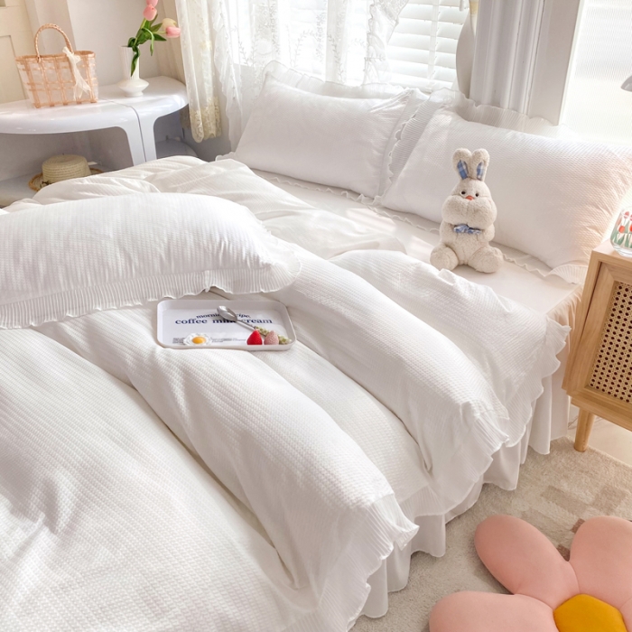 91家纺网 家纺一手货源 找家纺 慕澄家纺 2022新款华夫格雪纺花边四件套 奶白色