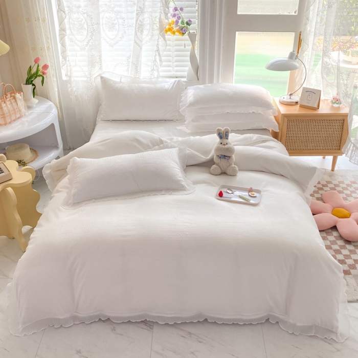 91家纺网 家纺一手货源 找家纺 慕澄家纺 2022新款华夫格雪纺花边四件套 奶白色