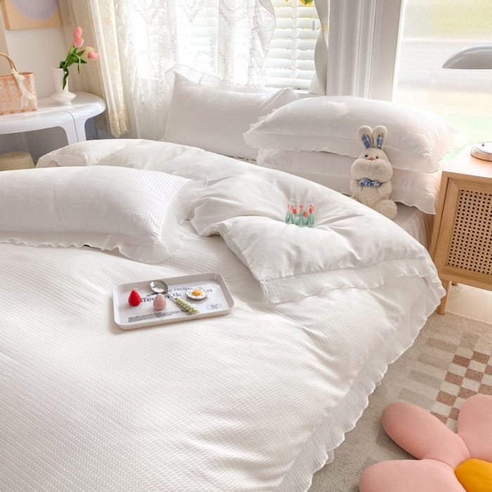 91家纺网 家纺一手货源 找家纺 慕澄家纺 2022新款华夫格雪纺花边四件套 奶白色