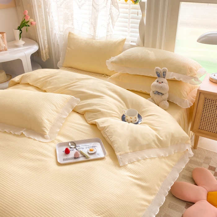 91家纺网 家纺一手货源 找家纺 慕澄家纺 2022新款华夫格雪纺花边四件套 奶黄色