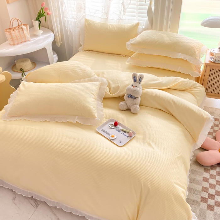 91家纺网 家纺一手货源 找家纺 慕澄家纺 2022新款华夫格雪纺花边四件套 奶黄色