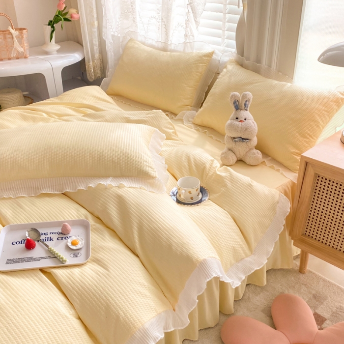 91家纺网 家纺一手货源 找家纺 慕澄家纺 2022新款华夫格雪纺花边四件套 奶黄色