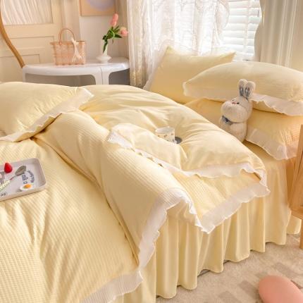 慕澄家纺 2022新款华夫格雪纺花边四件套 奶黄色