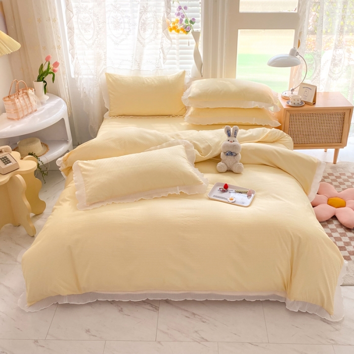 91家纺网 家纺一手货源 找家纺 慕澄家纺 2022新款华夫格雪纺花边四件套 奶黄色