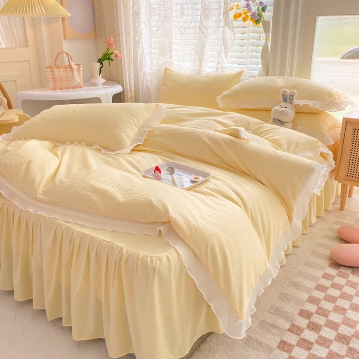 91家纺网 家纺一手货源 找家纺 慕澄家纺 2022新款华夫格雪纺花边四件套 奶黄色