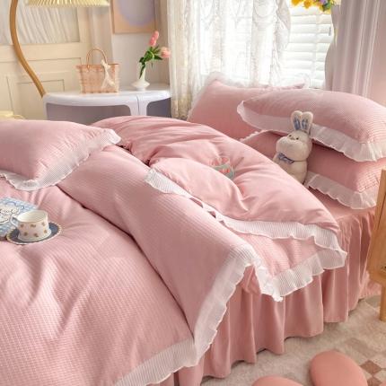 慕澄家纺 2022新款华夫格雪纺花边四件套 浅豆沙