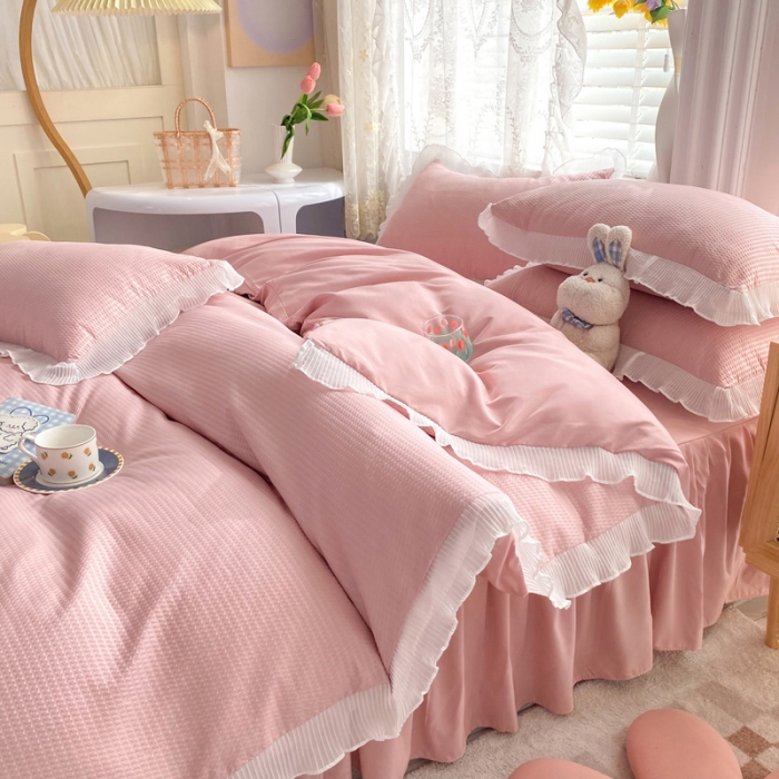 91家纺网 家纺一手货源 找家纺 慕澄家纺 2022新款华夫格雪纺花边四件套 浅豆沙