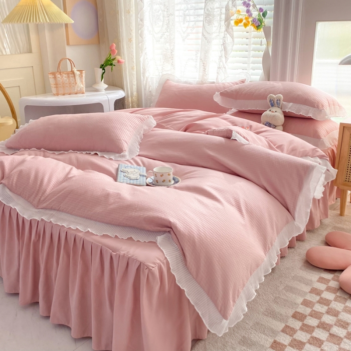 91家纺网 家纺一手货源 找家纺 慕澄家纺 2022新款华夫格雪纺花边四件套 浅豆沙