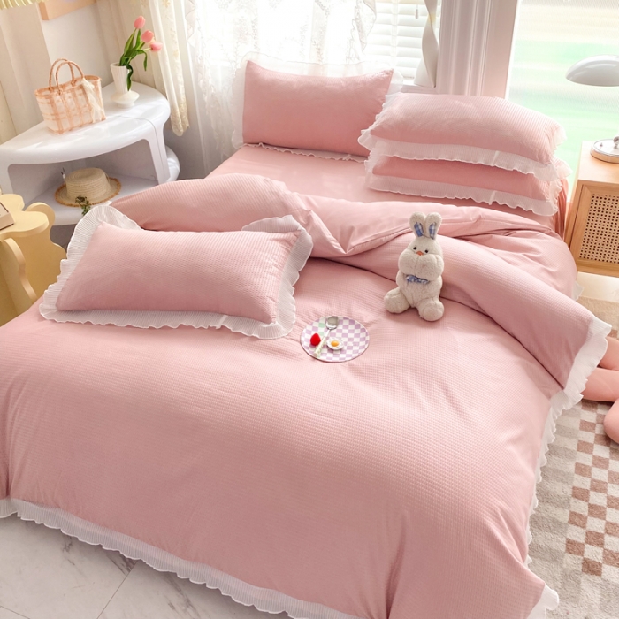 91家纺网 家纺一手货源 找家纺 慕澄家纺 2022新款华夫格雪纺花边四件套 浅豆沙