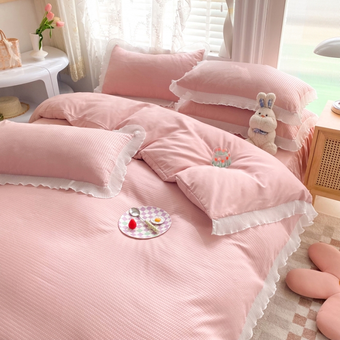 91家纺网 家纺一手货源 找家纺 慕澄家纺 2022新款华夫格雪纺花边四件套 浅豆沙