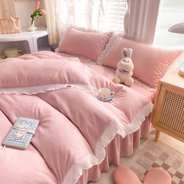 91家纺网 家纺一手货源 找家纺 慕澄家纺 2022新款华夫格雪纺花边四件套 浅豆沙