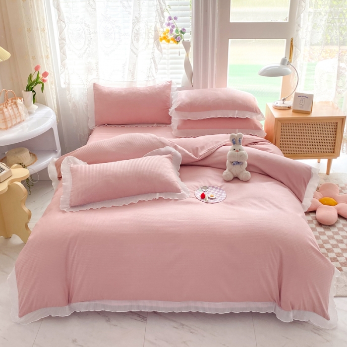 91家纺网 家纺一手货源 找家纺 慕澄家纺 2022新款华夫格雪纺花边四件套 浅豆沙