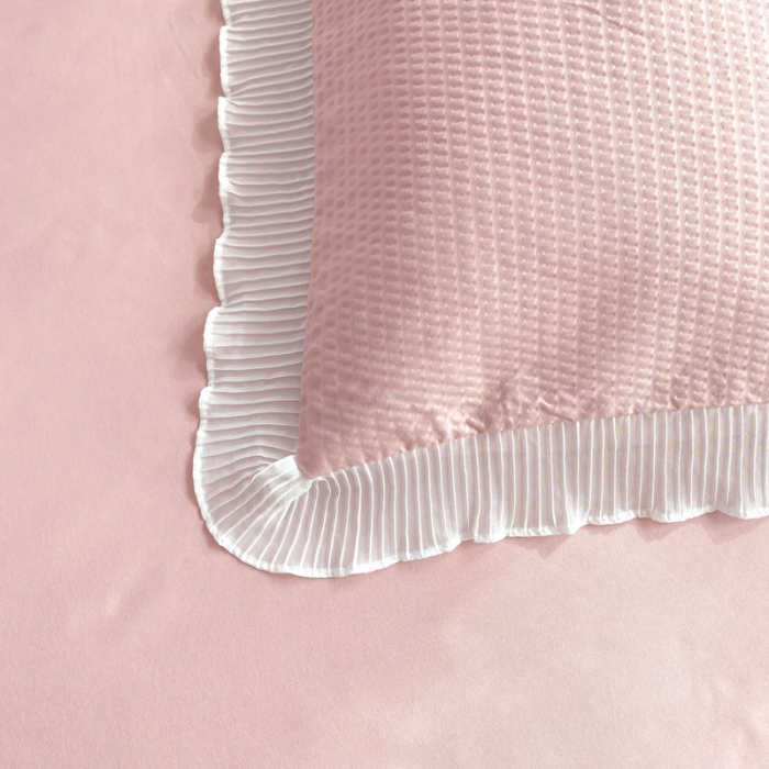 91家纺网 家纺一手货源 找家纺 慕澄家纺 2022新款华夫格雪纺花边四件套 浅豆沙