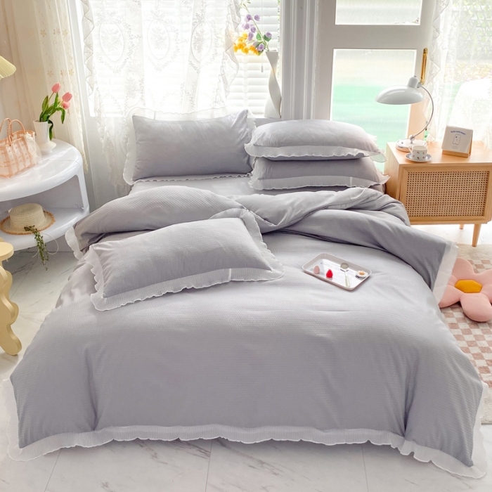 91家纺网 家纺一手货源 找家纺 慕澄家纺 2022新款华夫格雪纺花边四件套 情调灰