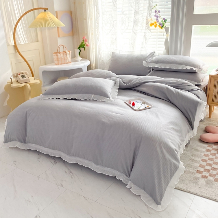 91家纺网 家纺一手货源 找家纺 慕澄家纺 2022新款华夫格雪纺花边四件套 情调灰