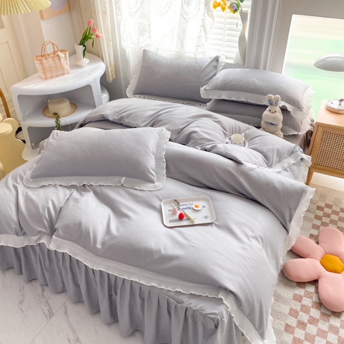 91家纺网 家纺一手货源 找家纺 慕澄家纺 2022新款华夫格雪纺花边四件套 情调灰