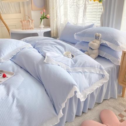 慕澄家纺 2022新款华夫格雪纺花边四件套 天空蓝