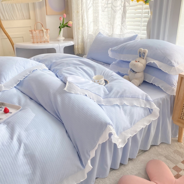 91家纺网 家纺一手货源 找家纺 慕澄家纺 2022新款华夫格雪纺花边四件套 天空蓝