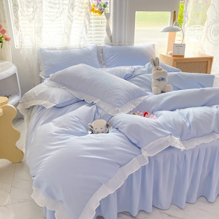 91家纺网 家纺一手货源 找家纺 慕澄家纺 2022新款华夫格雪纺花边四件套 天空蓝