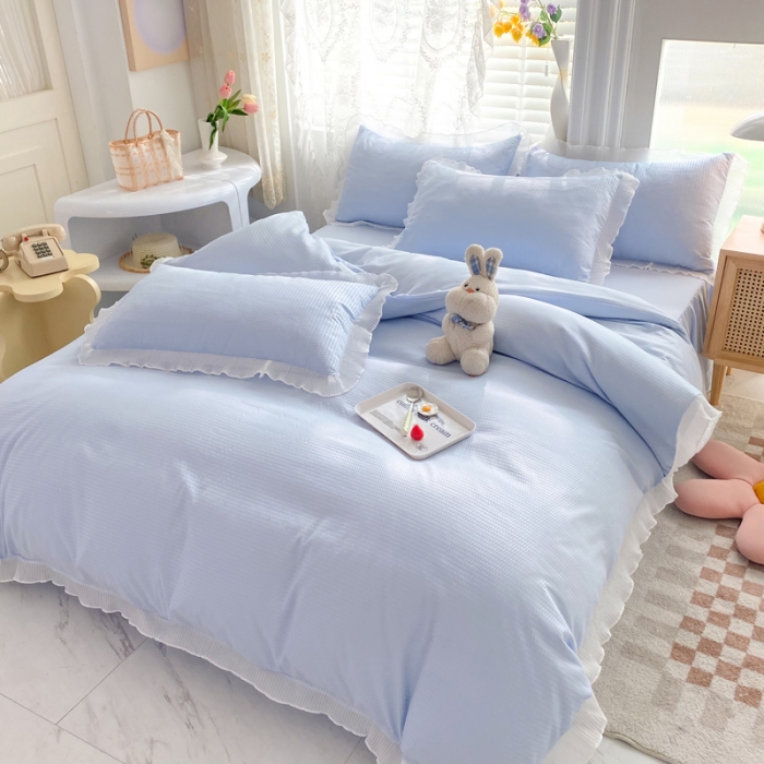 91家纺网 家纺一手货源 找家纺 慕澄家纺 2022新款华夫格雪纺花边四件套 天空蓝