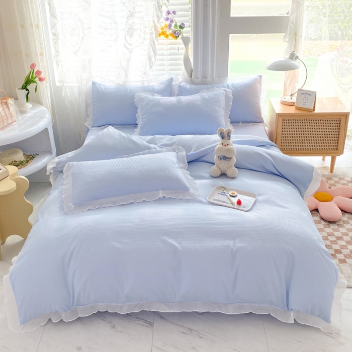 91家纺网 家纺一手货源 找家纺 慕澄家纺 2022新款华夫格雪纺花边四件套 天空蓝