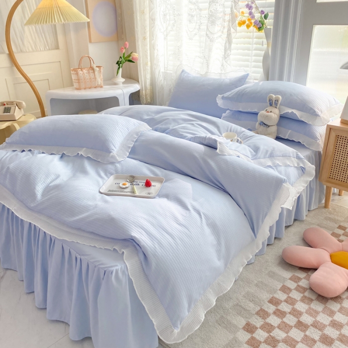 91家纺网 家纺一手货源 找家纺 慕澄家纺 2022新款华夫格雪纺花边四件套 天空蓝