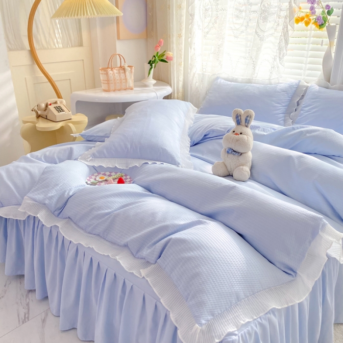 91家纺网 家纺一手货源 找家纺 慕澄家纺 2022新款华夫格雪纺花边四件套 天空蓝