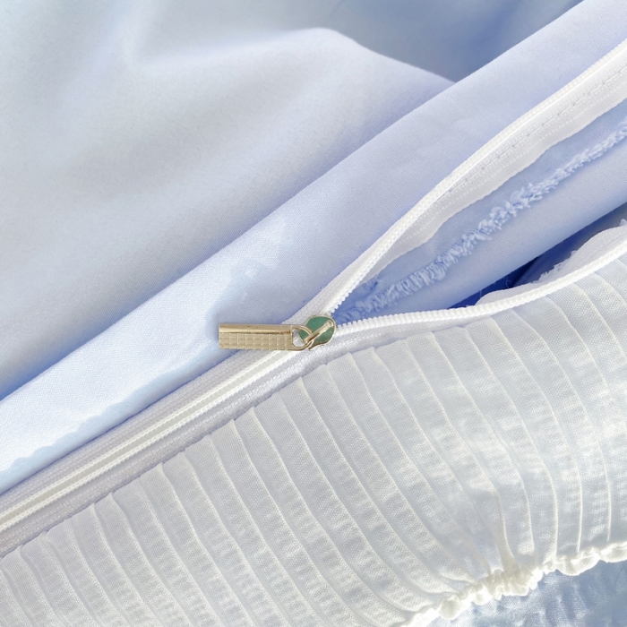 91家纺网 家纺一手货源 找家纺 慕澄家纺 2022新款华夫格雪纺花边四件套 天空蓝