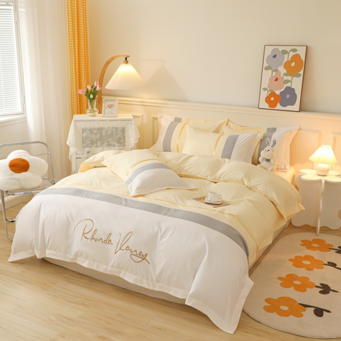 91家纺网 家纺一手货源 找家纺 慕语家纺 2025新款晴天系列亲肤加厚磨毛简约四件套 晴天-奶昔黄