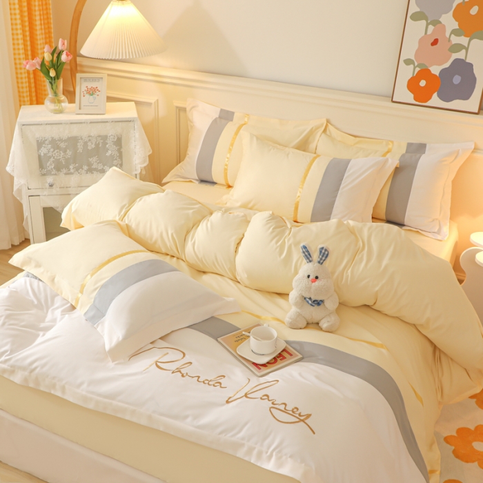 91家纺网 家纺一手货源 找家纺 慕语家纺 2025新款晴天系列亲肤加厚磨毛简约四件套 晴天-奶昔黄