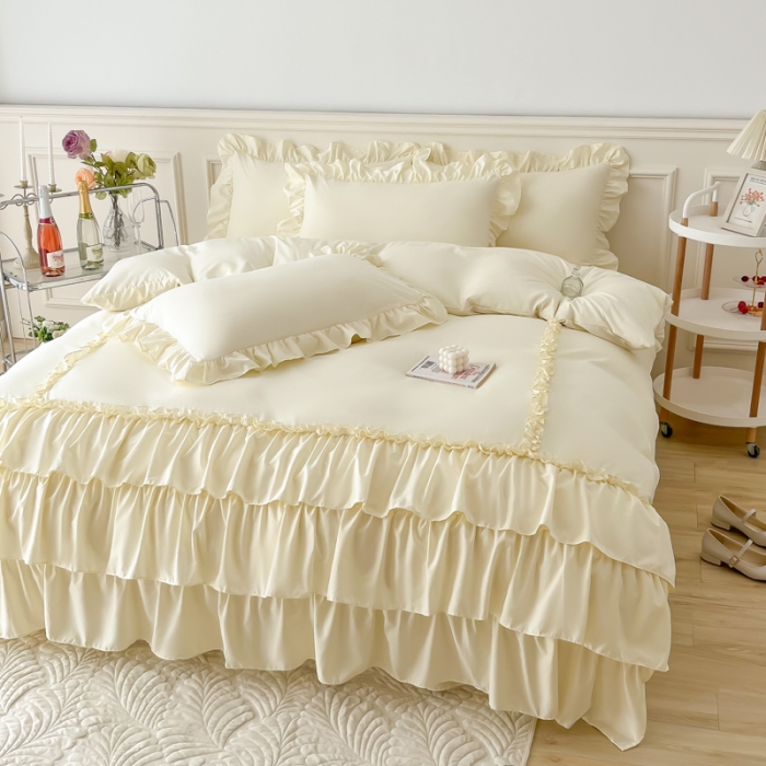 91家纺网 家纺一手货源 找家纺 乐卧家居 2026新款贝拉花边系列四件套 贝拉-奶油黄