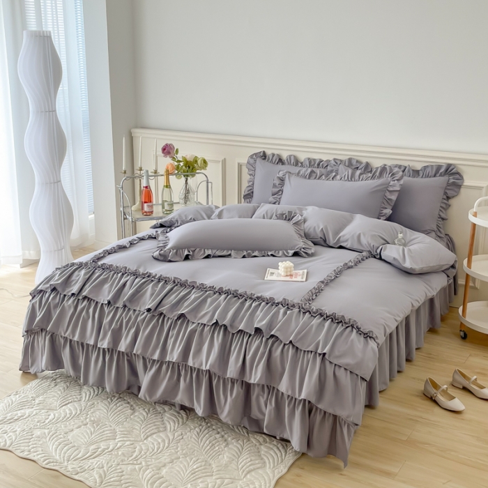 91家纺网 家纺一手货源 找家纺 乐卧家居 2026新款贝拉花边系列四件套 贝拉-奶油灰