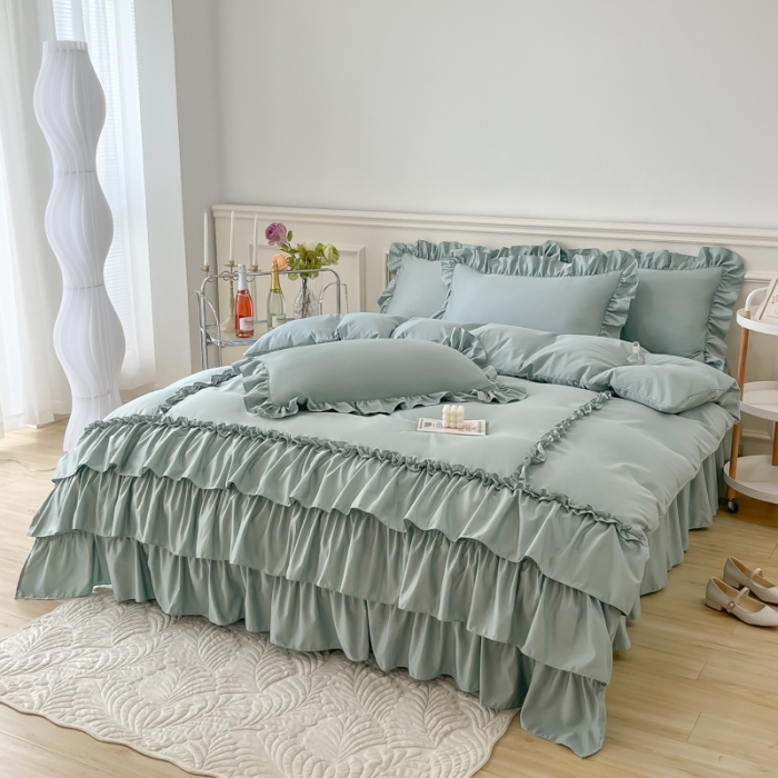 91家纺网 家纺一手货源 找家纺 乐卧家居 2026新款贝拉花边系列四件套 贝拉-奶油绿