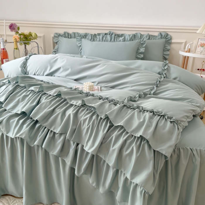 91家纺网 家纺一手货源 找家纺 乐卧家居 2026新款贝拉花边系列四件套 贝拉-奶油绿