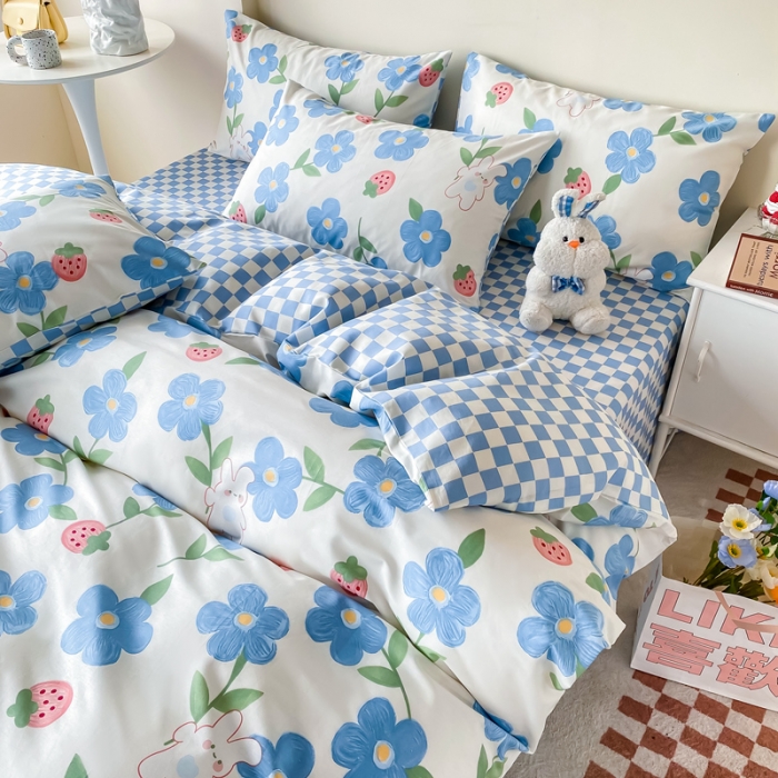 91家纺网 家纺一手货源 找家纺 西引力 2022新款全棉印花四件套 蓝色心情